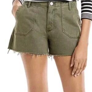 Paige Womens High Rise Utility Denim Shorts Olive Green Frayed Hem Size 29
